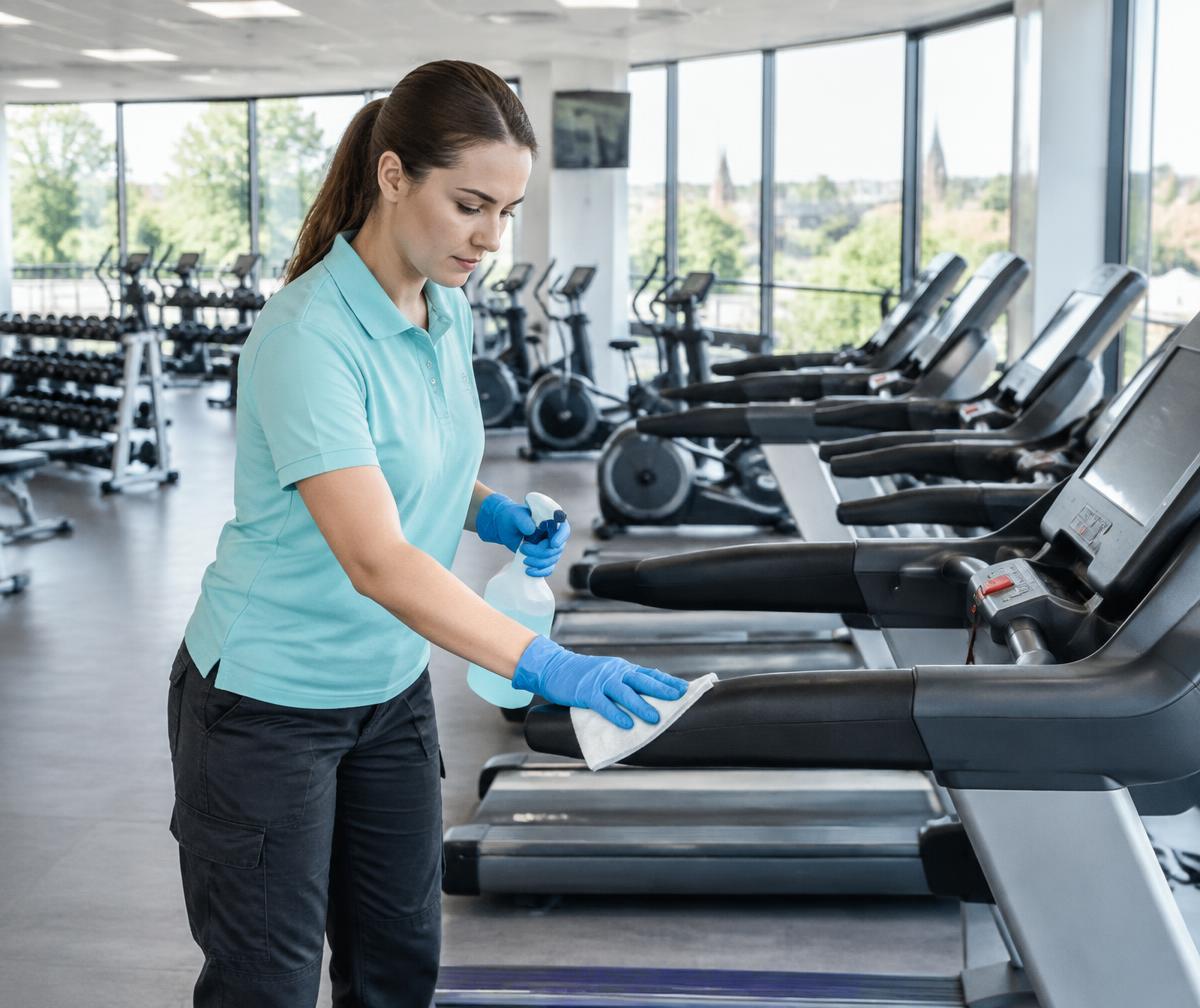 Cleaner wiping down treadmill handrails in a Bristol gym