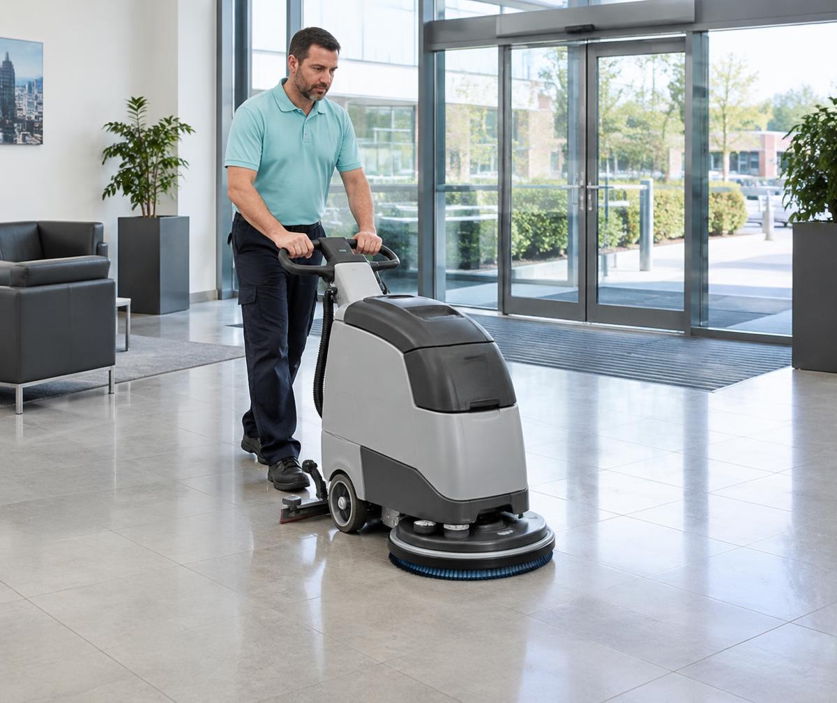 Cleaner using a scrubber dryer machine on a polished office reception floor