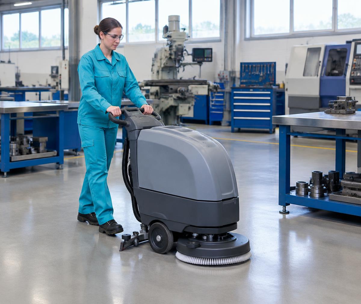 Cleaner operating a floor scrubber across a factory workshop floor