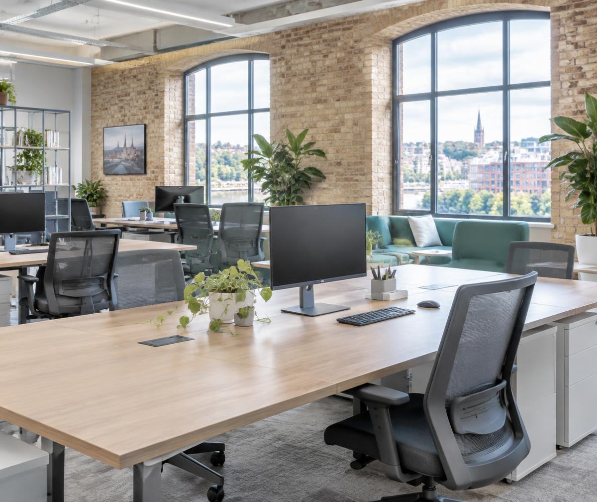 A bright, tidy office with shared desks and leafy plants